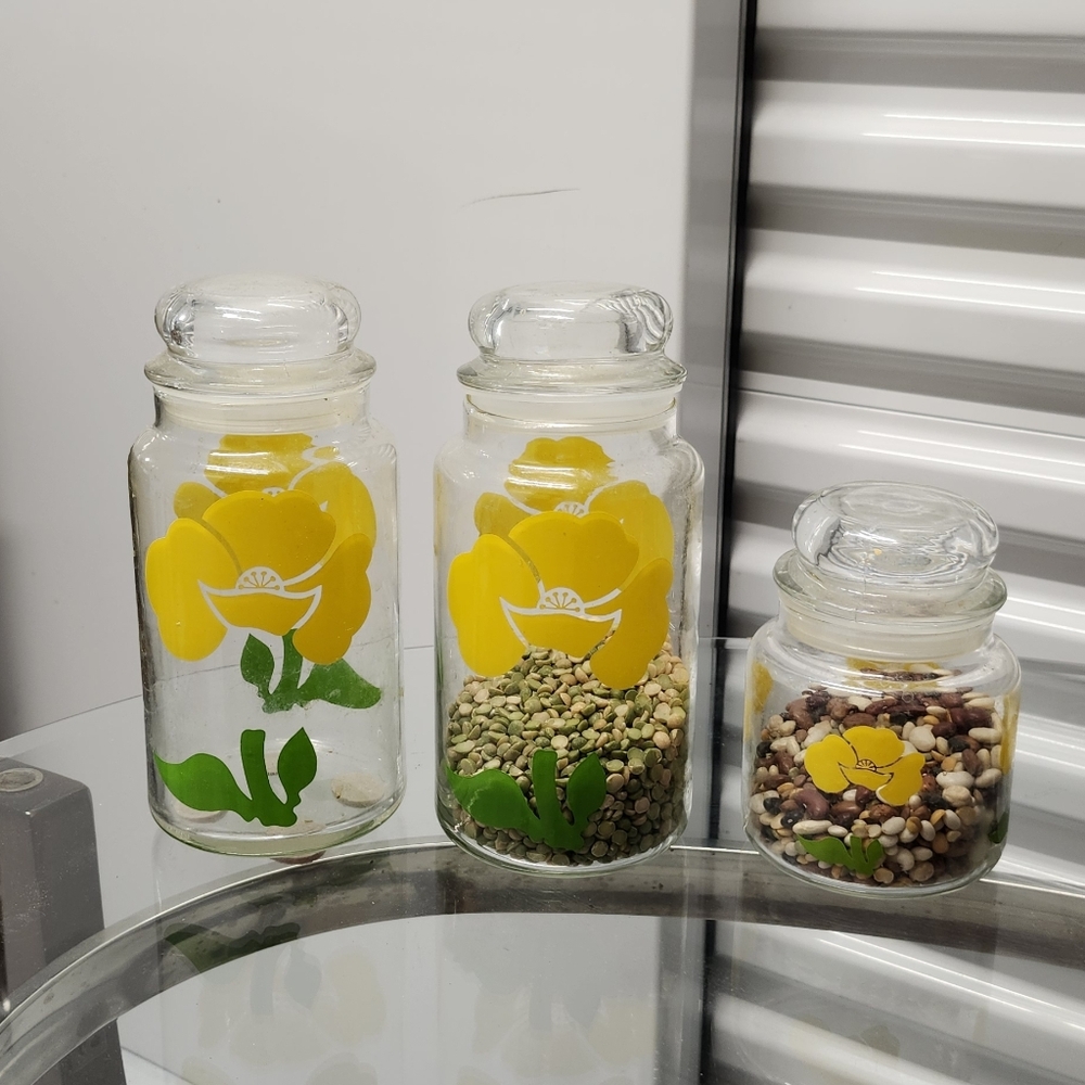 Vintage Set of 3 Glass Canisters with Yellow Floral Design